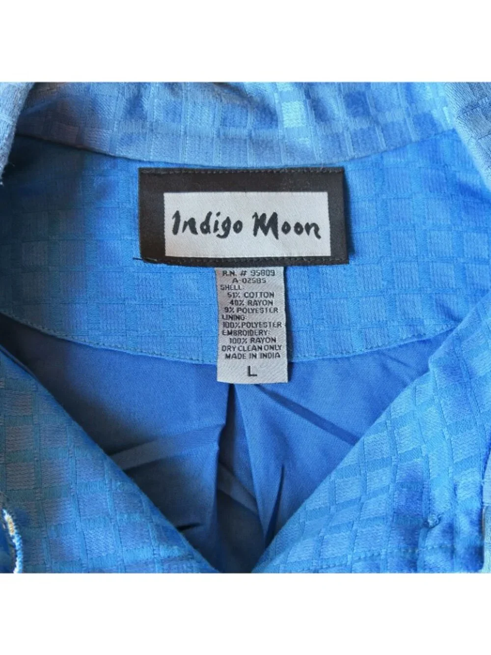 Indigo Moon Blue Patchwork Embroidered Jacket Lined Button Front Women’s Large - Picture 2 of 6